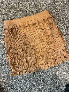 Tiered Fringe Mini Skirt in Tan